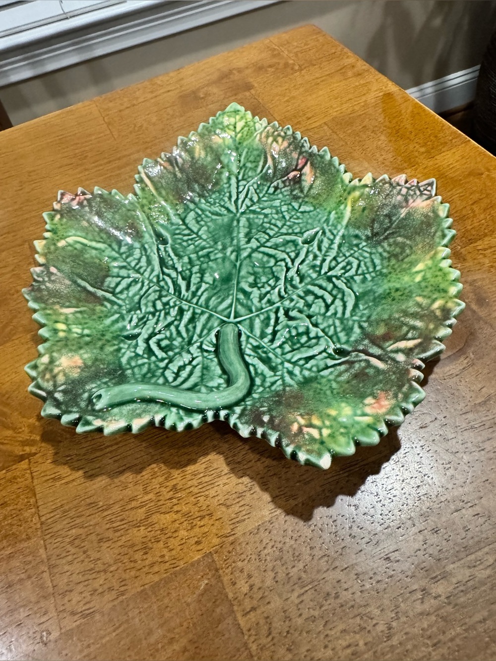 Bordallo Pinheiro Majolica Leaf Dish Green Orange Glaze Pottery Made in Portugal - Picture 2 of 11